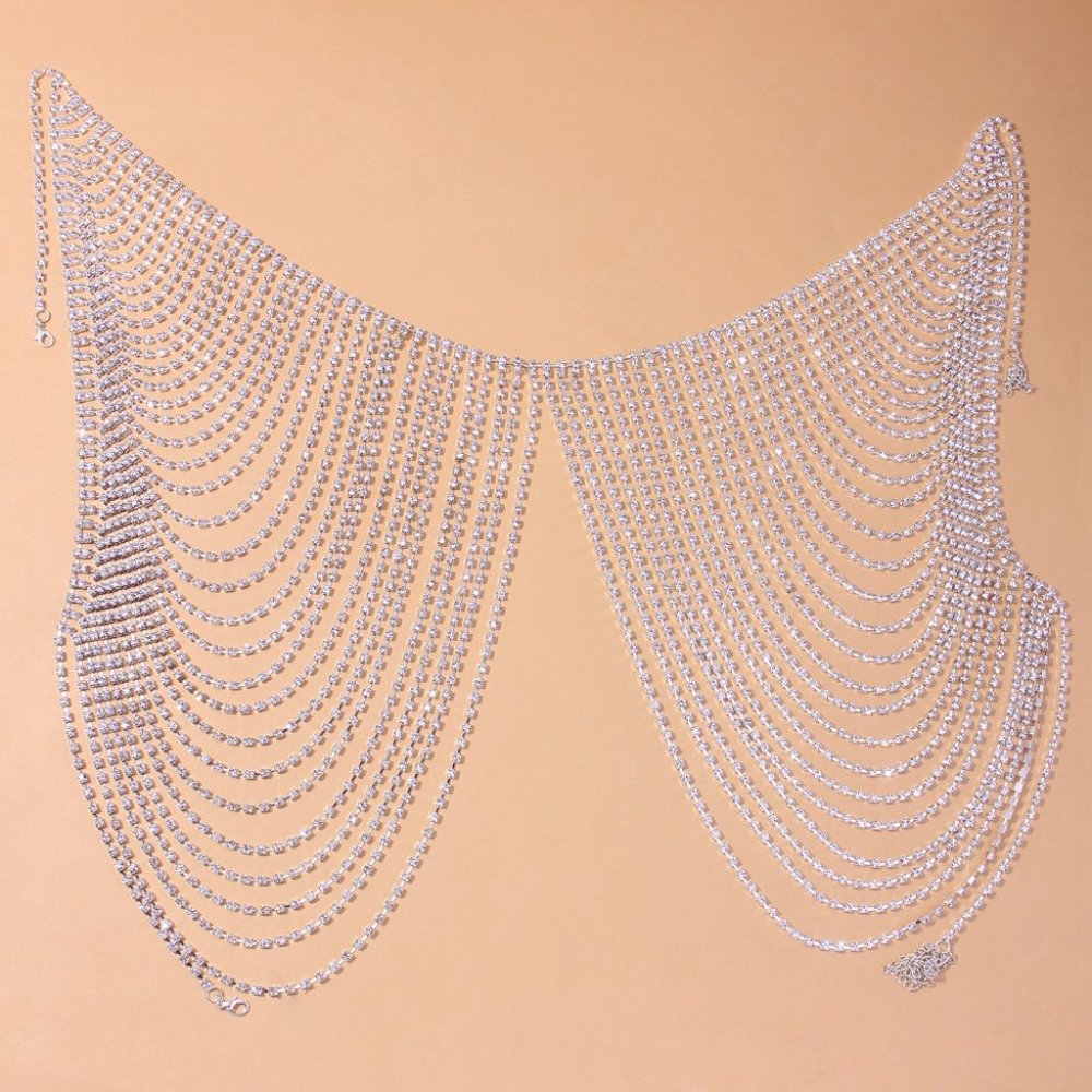 Sexy Rhinestone Tassel Body Chain Bikini Bra Skirt Set Shiny Body Jewelry - Picture 4 of 7